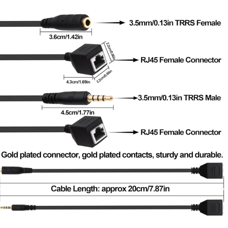 20cm 4-Pole DC 3.5mm Male and Female Jack TRS Audio to RJ45 Female Socket Ethernet Adapter Cable is Used Around the Computer