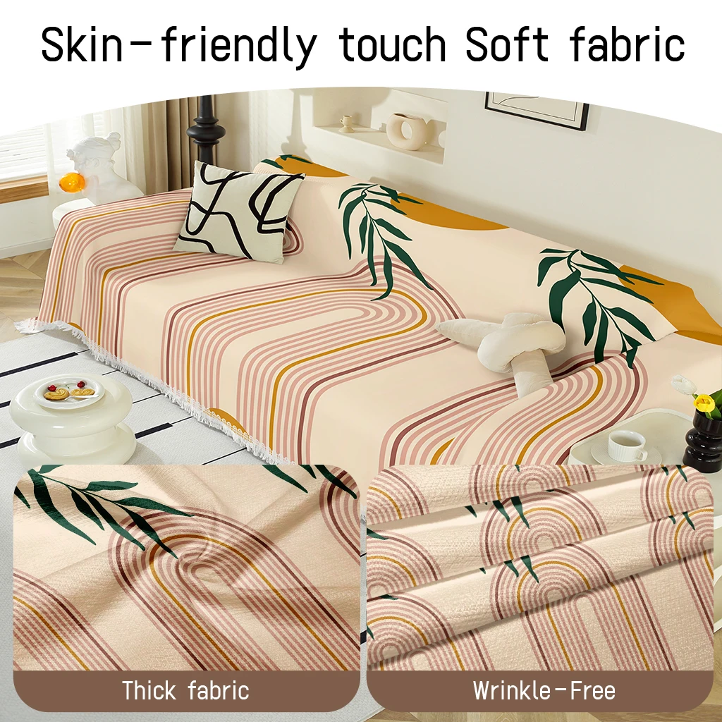 1pc Boho Abstract Leaf Arch Sofa Throw Blanket, Fringe Tassel Couch Cover for Living Room, Soft Washable Protector