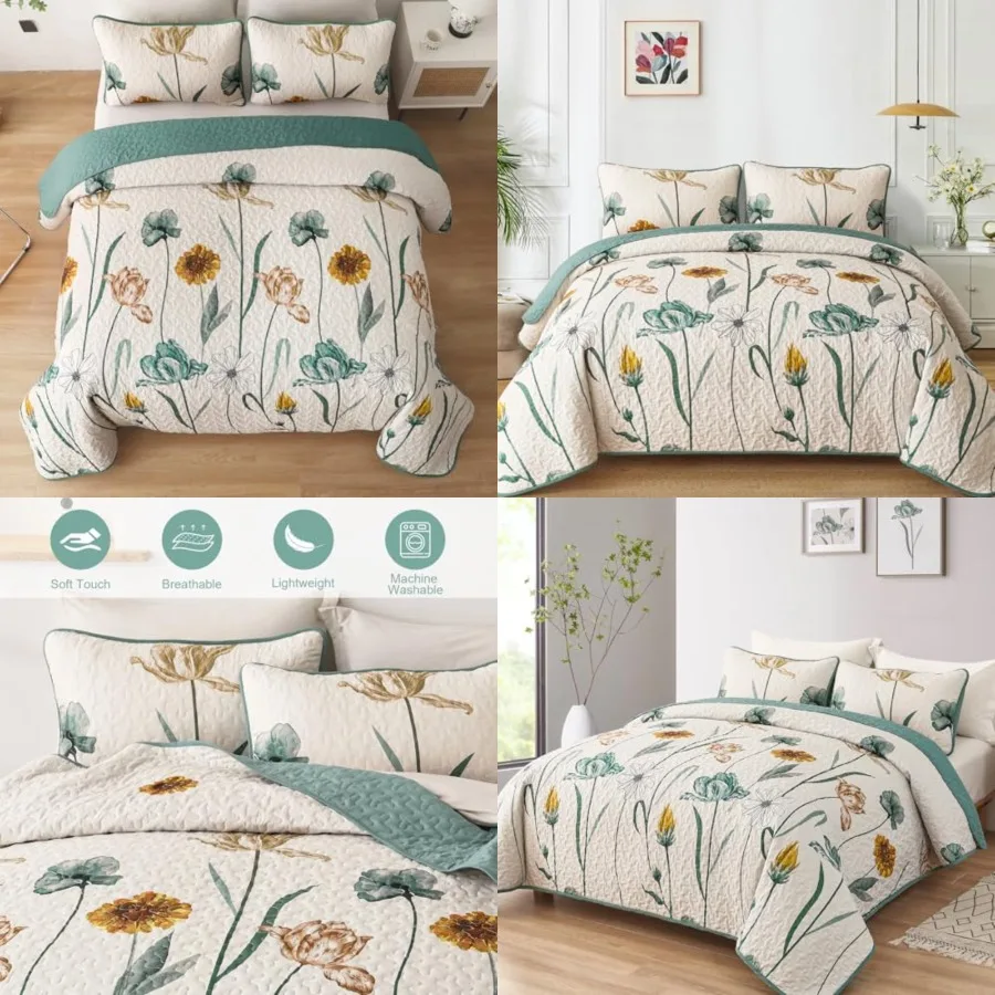 

Floral Quilt Set Queen, Green Floral Botanical Bedspread Bedding Set with 2 Pillowcase, Spring Summer Lightweight Farmhouse Cov