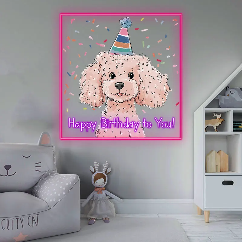 Adorable Poodle Neon Light Birthday Sign – Cute Dog with Party Hat & Confetti, Fun LED Wall Decor Gift for Pet Lovers Birthday