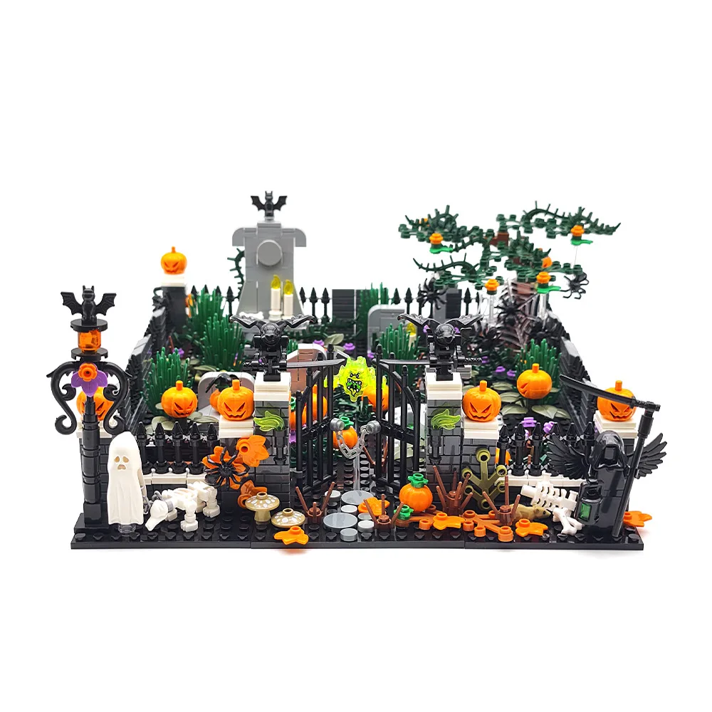 Halloween jack-o'-lantern Assembly Building Block Horror ghost Skeleton Cemetery Scene Compatible DIY Model Brick Kids Toy Gift