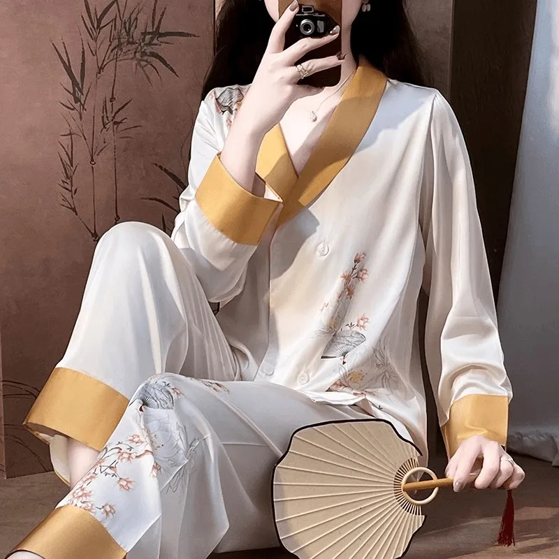 Stunning Sleepwear Temperament New Chinese Style Pajamas Ladies Spring Summer Long Sleeve Home Dress Set V Neck Thin Ice Silk