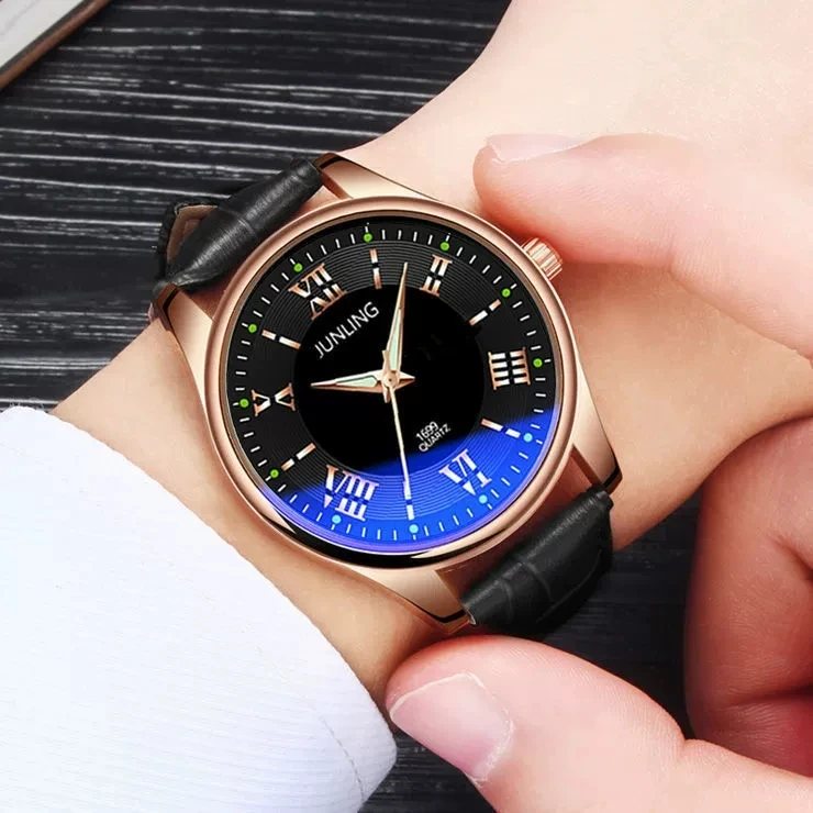 Jam Tangan Bercahaya Tali Kulit PU Ultratipis Jam Tangan Pasangan Jam Tangan Pria Modis Sederhana Versi Korea Pelajar Pria