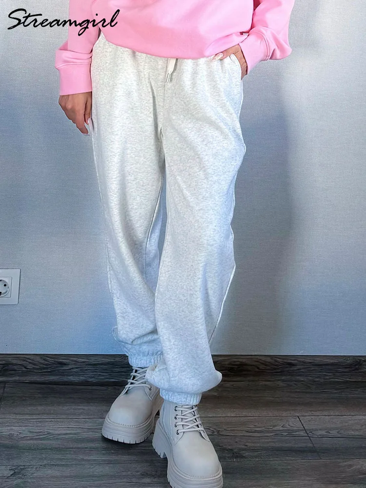 Grosso quente sweatpants feminino inverno perna reta calças de lã cintura elástica cinza veludo calças quentes com lã para mulher