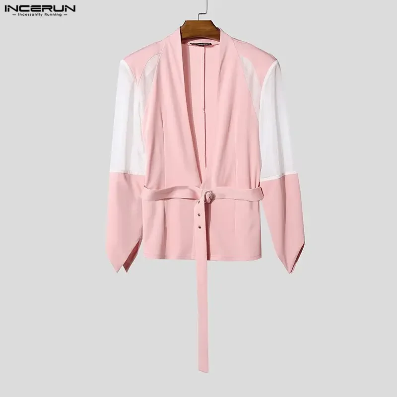 2026 Men Blazer Mesh Patchwork Deep V Neck Long Sleeve Fashion Male Suit INCERUN See Through Streetwear Sexy Coats Men With Belt