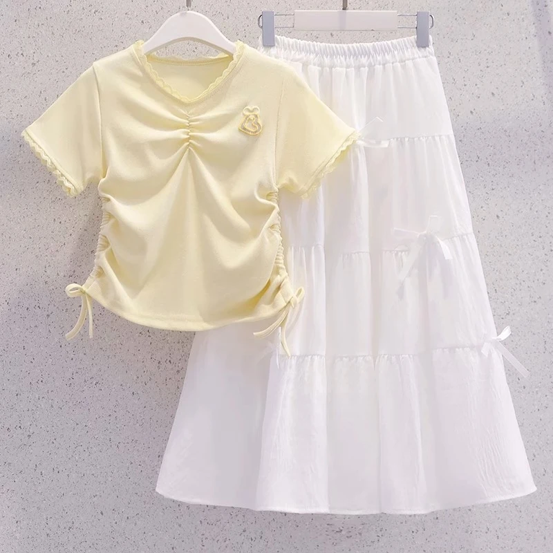 

Girls' summer clothing set, summer outfit for older children, short-sleevedVCollared top and skirt two-piece set in student coll