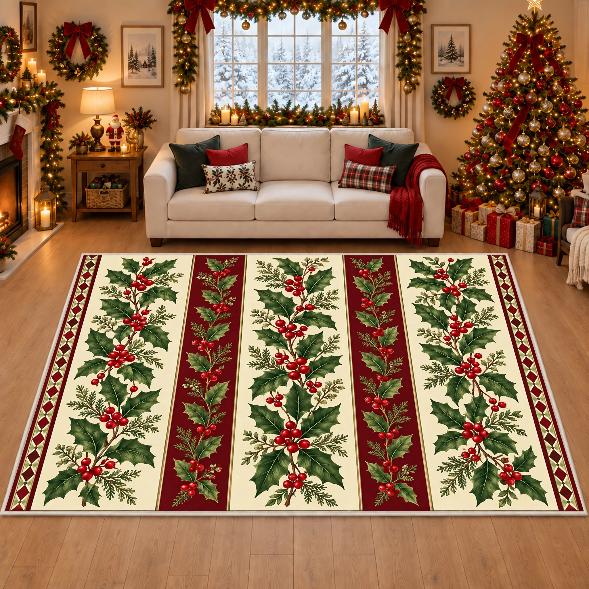 1pc Christmas Vertical Stripe Holly Berry Area Rug, 2D Flat Print, Indoor Floor Mat for Living Room, Xmas Home Decor