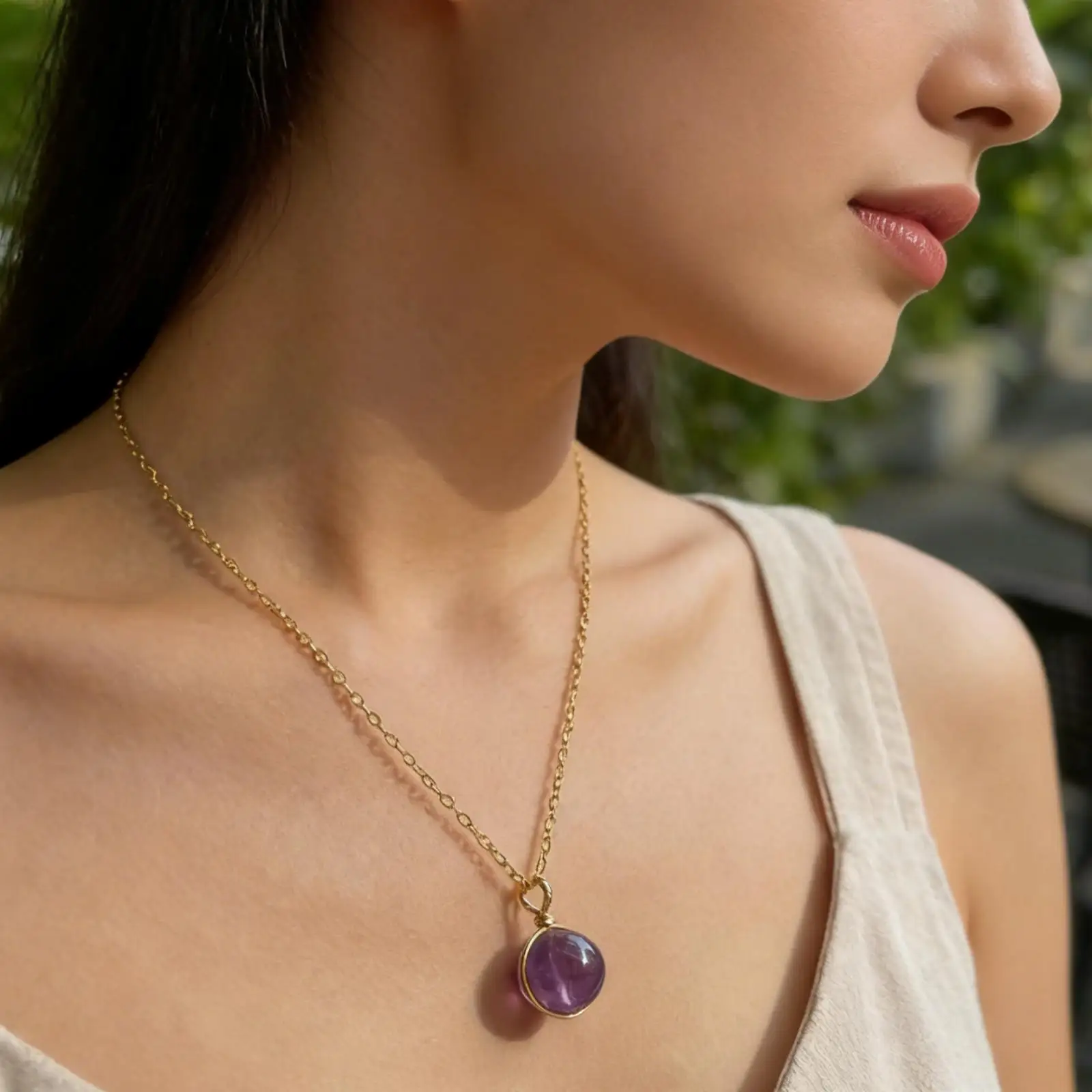 Amethyst Pendant Necklace Non Tarnish Steel Jewelry Handmade Purple Crystal Spiritual Relief Gift with Card