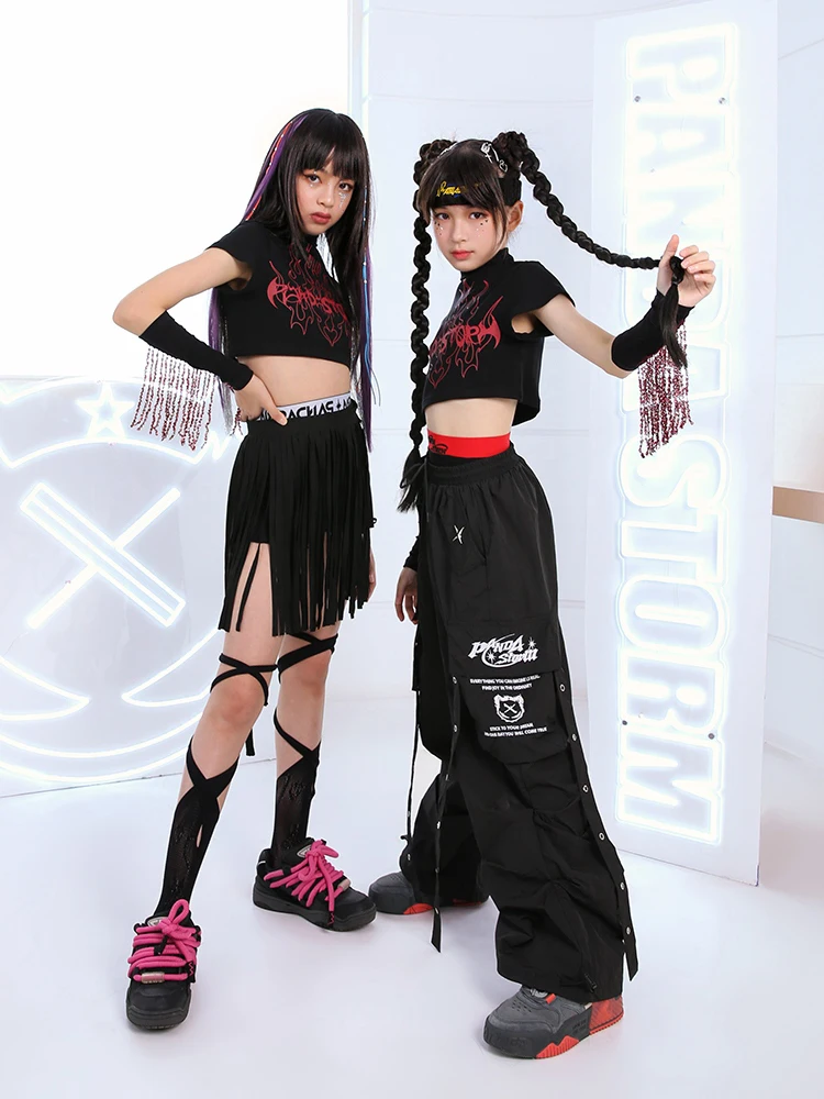 2024 New Jazz Dance Costumes For Girls Tassel Top Hiphop Pants Streetwear Children Ballroom Hip Hop Dance Stage Costumes DN18338