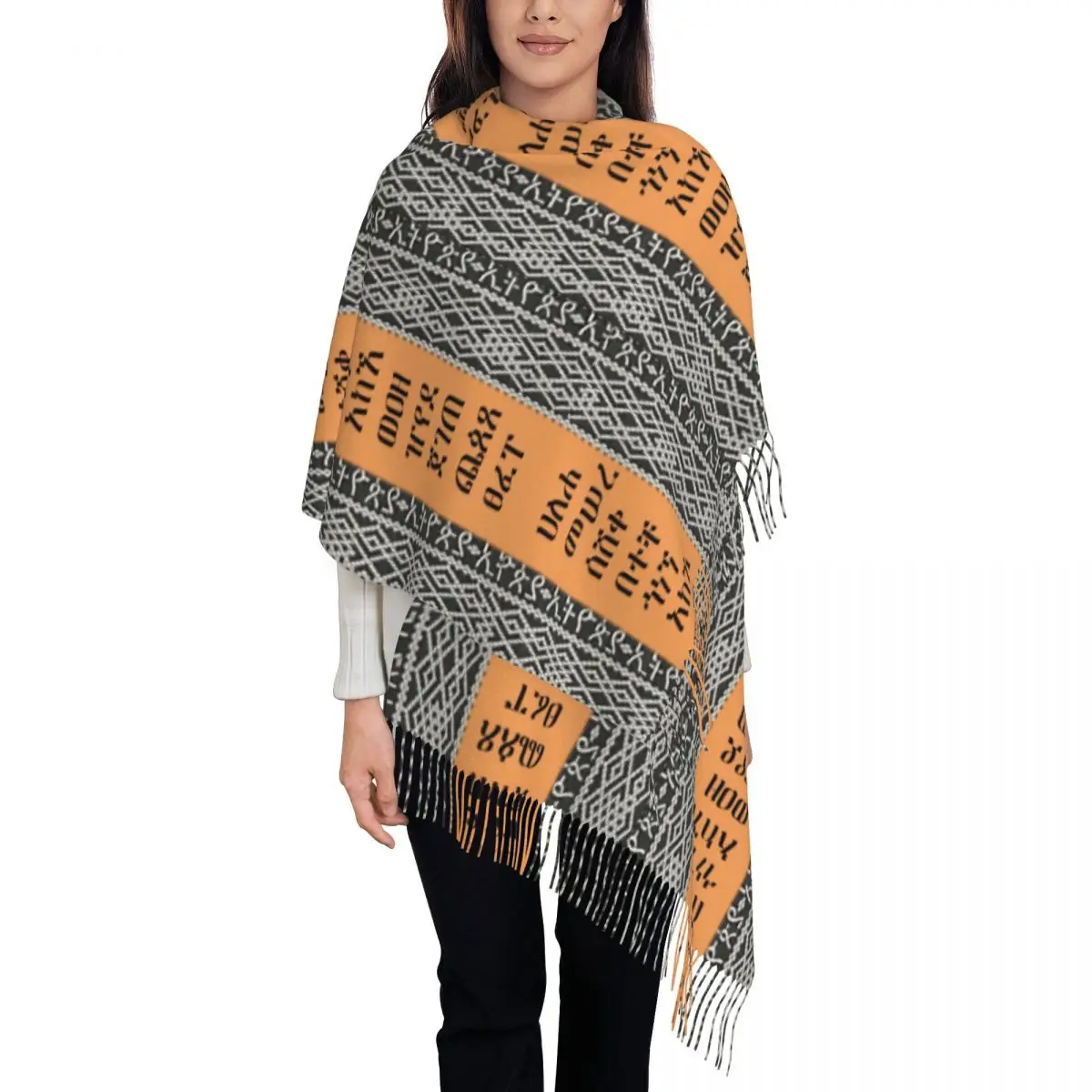 Amharic Alphabet Ethiopian Habesha Art Scarf Wrap for Women Long Winter Fall Warm Tassel Shawl Unisex Scarves