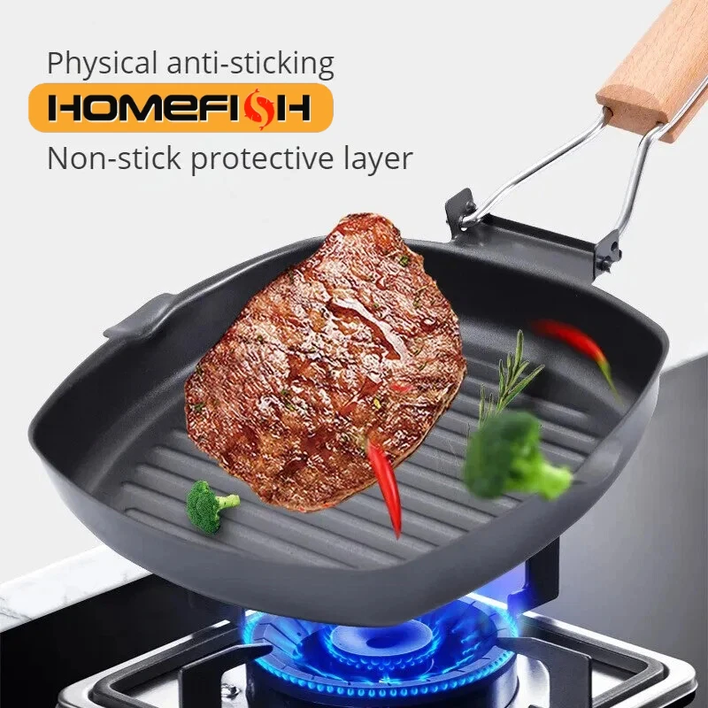 Foldable Portable Outdoor Grill Pan - Anti-Scald Wooden Handle, Double-Sided Steak Pan for Picnic, No Lid