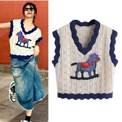 Women's Sleeveless Sweater Ladies Jumper Knitted Tops Pullover Female Cute Ladies Cartoon Horse Vest Sweaters Vests NZ103