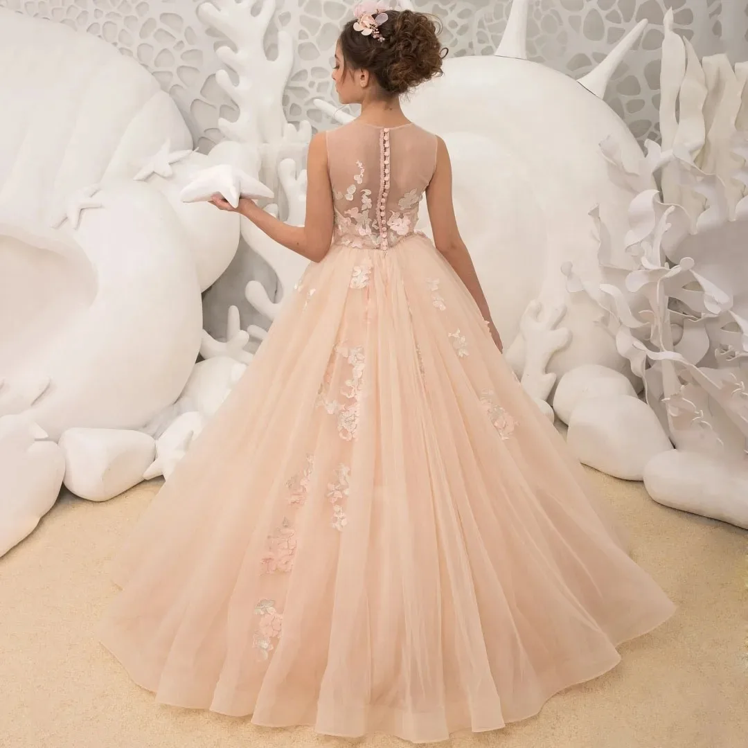 

Розовые платья с цветочным узором для девочек на свадьбу, кружевные платья с цветочной аппликацией, платья без рукавов, платья для первого причастия на день рождения для маленьких девочек по индивидуальному заказу