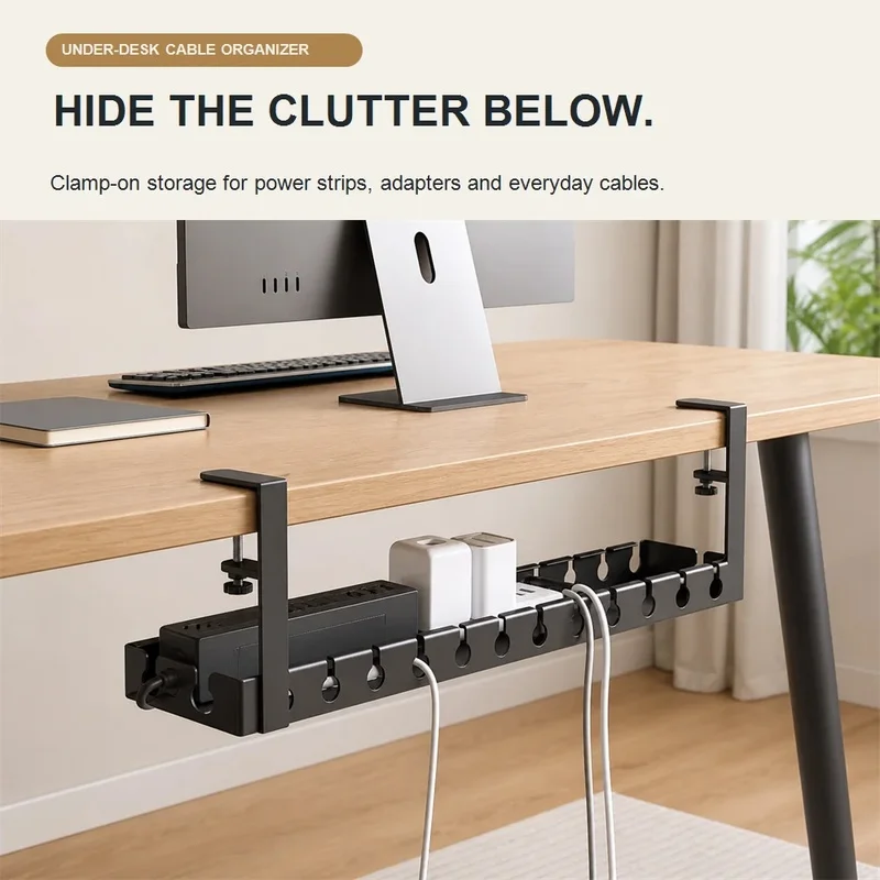 Under Desk Cable Management Box No Drill Cord Organizer Power Strip Holder with Wire Storage for Office Desktop Mount Rack
