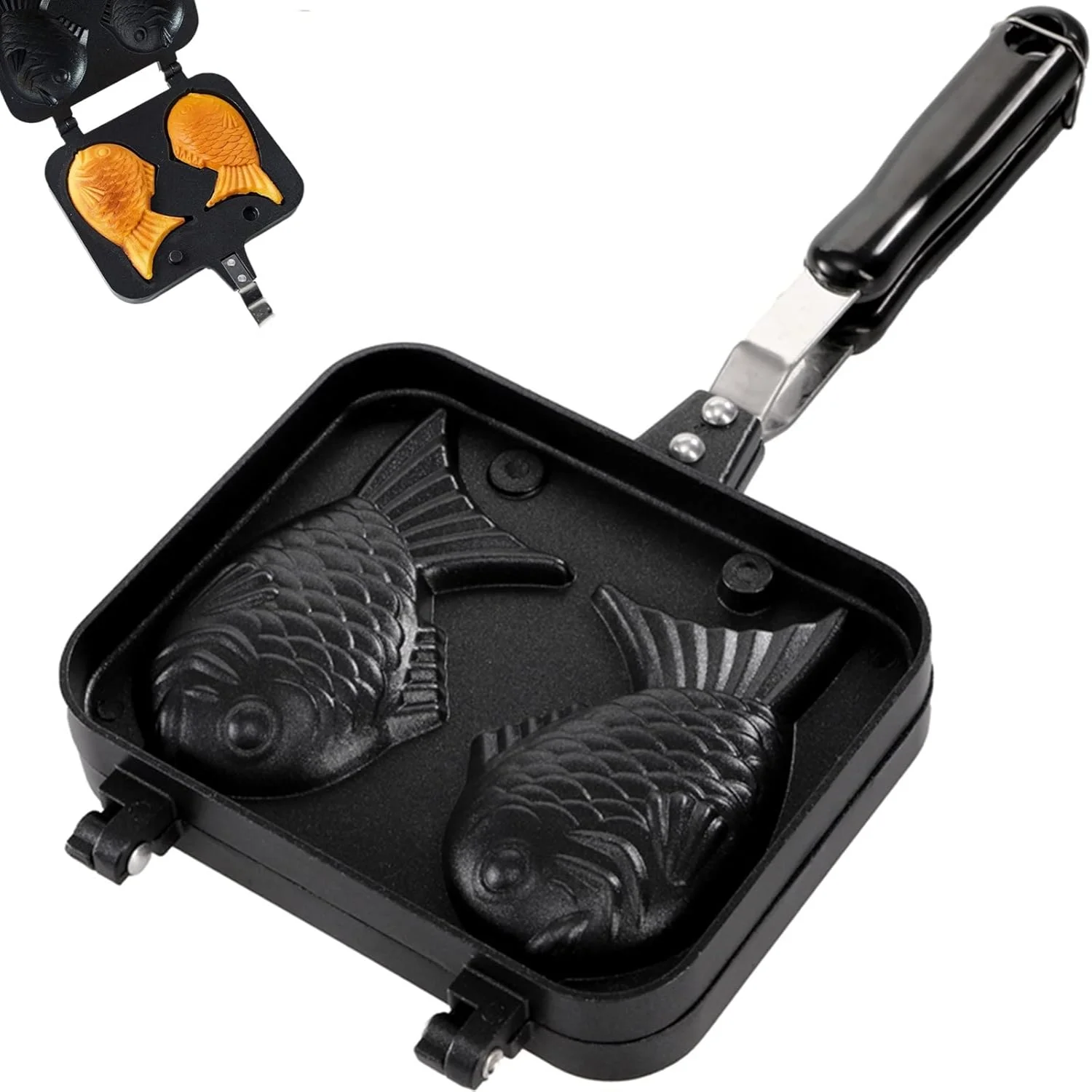 Taiyaki Fish-shaped Cake Pan, Non-stick Waffle Cake Maker with Long Handle, Pancake Baking Double Pan Mold