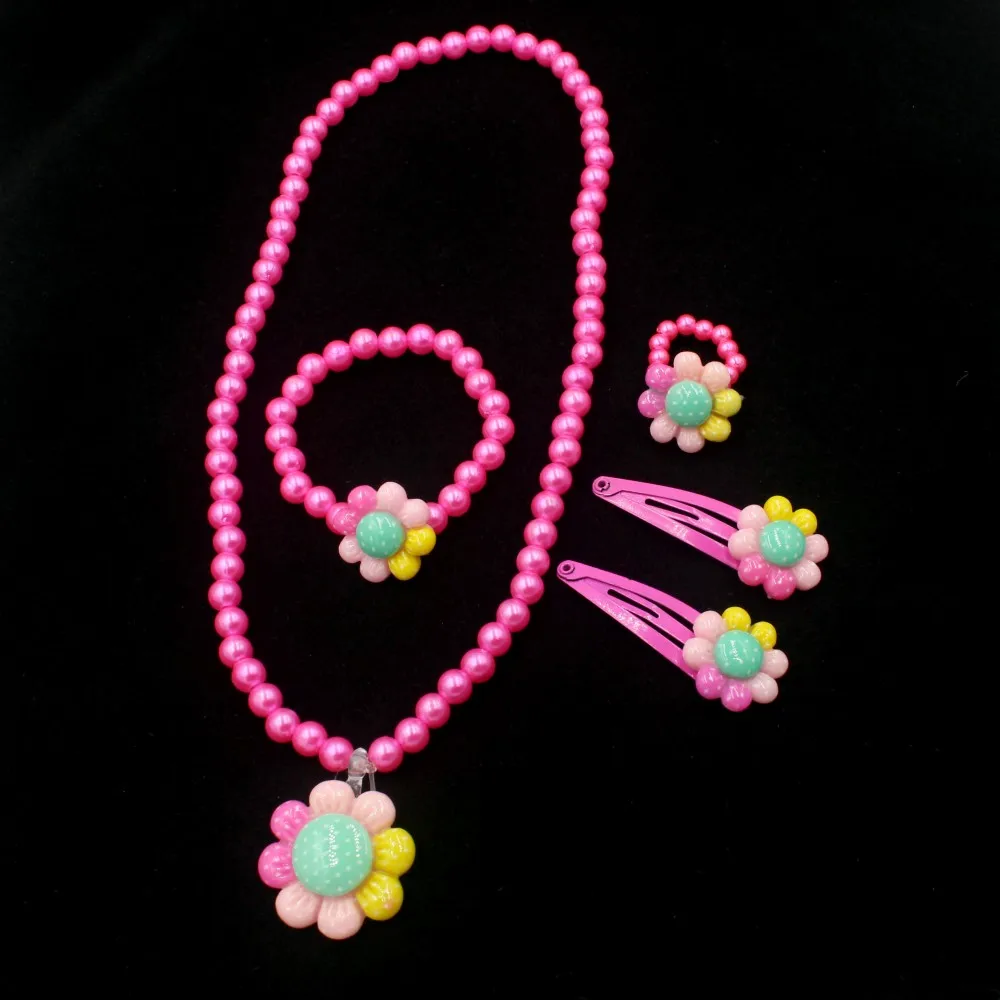 1Set Lovely Sunflower Kids Jewelry Set for Baby Girls Beaded Necklace Bracelet Ring Hair Accessory Princess Party Gift