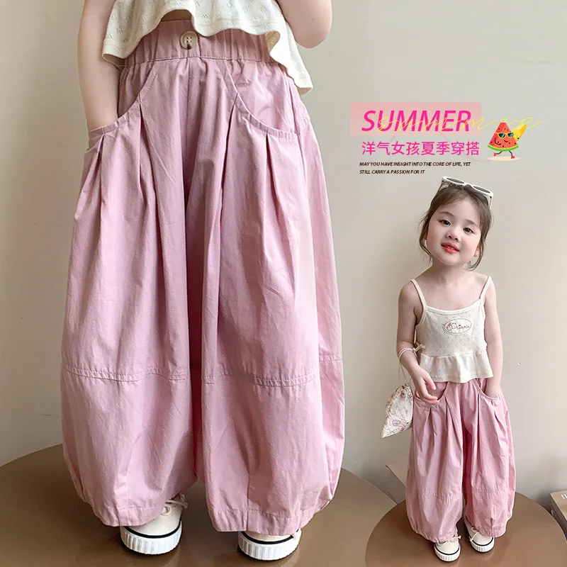 Girls Pink Pants Summer Thin 2026 New Casual Loose Wide-leg Pants Baby Girl Foreign Bloomers