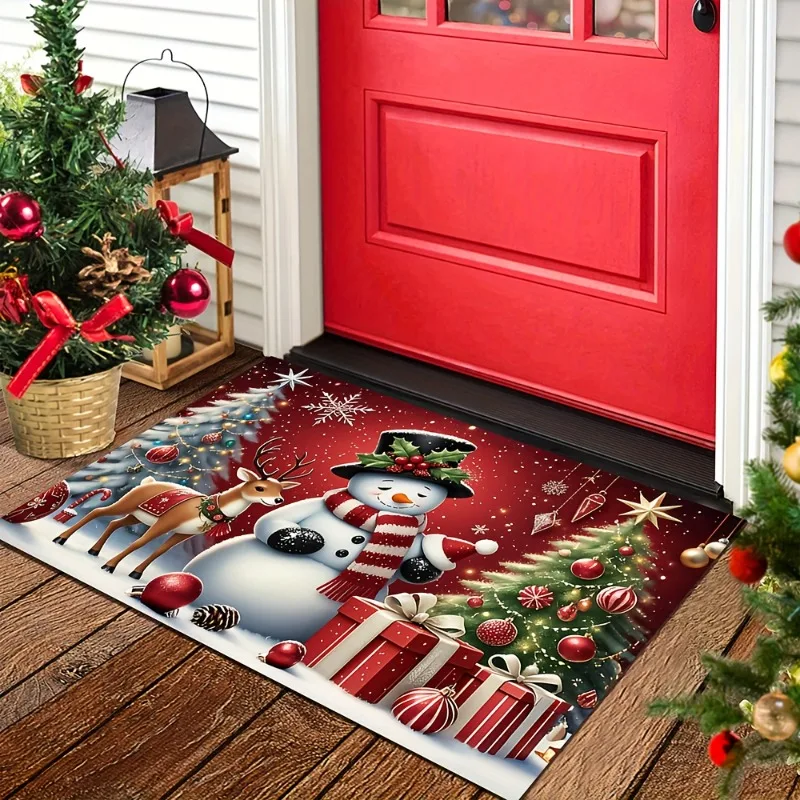 Christmas Snowman Reindeer Gift Box Xmas Tree Flannel Doormat Snowflake Pine Cone Anti‑Slip Home Entrance Holiday Decor Rug