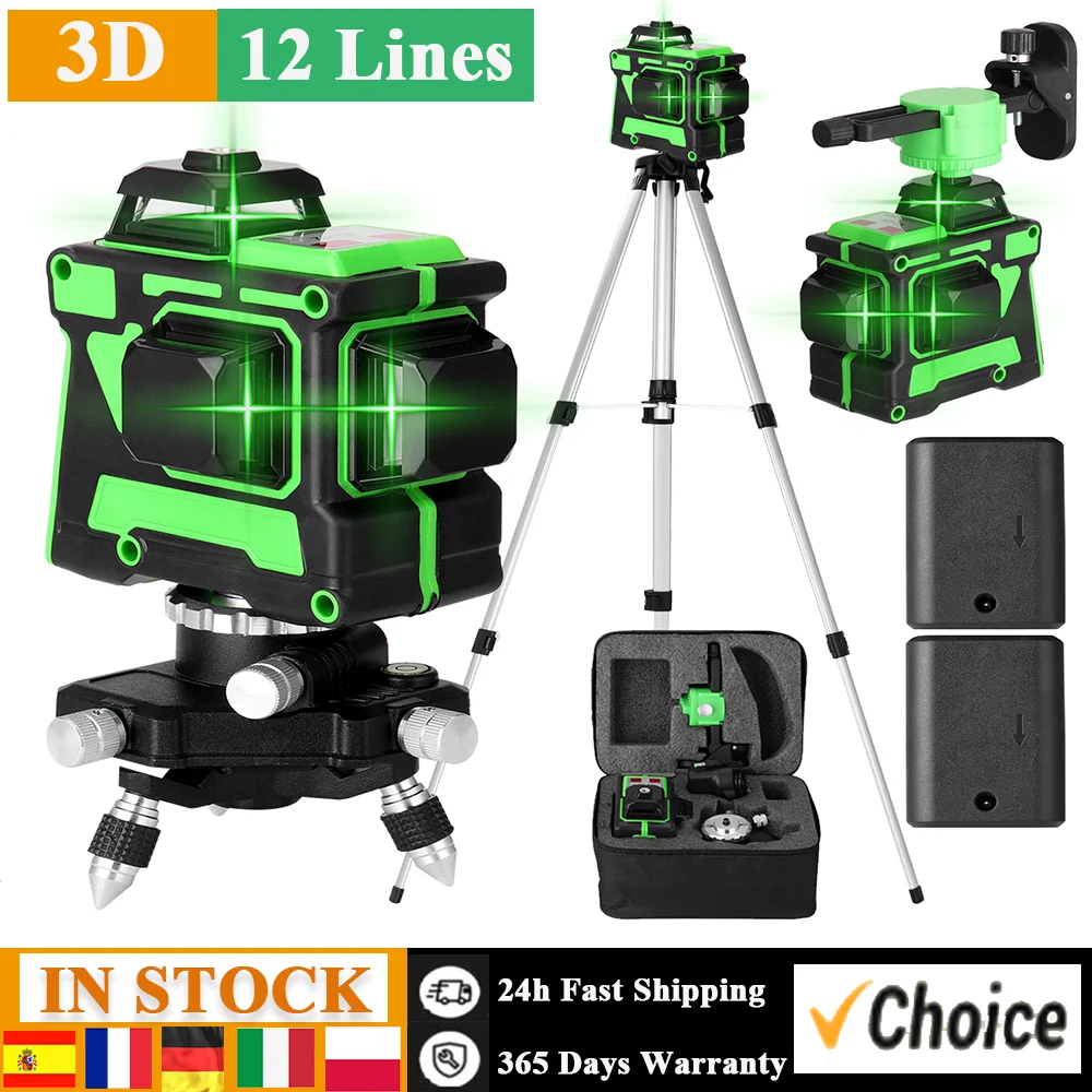 12 Lines 3D Laser Level Horizontal and Vertical Cross Lines Self-leveling 360 Laser Level Tool with 1.2M Adjustable Tripod Stand