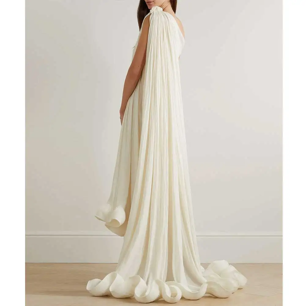 YUMDAI White Single Shoulder Sleeve Ruffled Evening Dress Semi-formal Gown 15 Years Old Bar Mitzvah Party Beige Dress