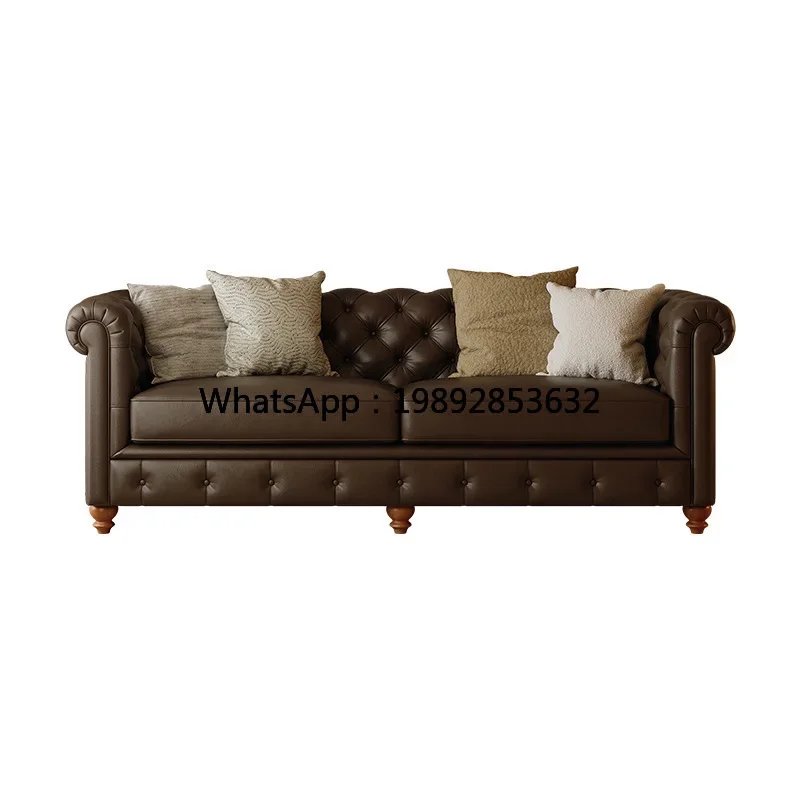 A1   Retro Genuine Leather Sofa Luxury Leather Sofa Living Room Top Layer Cowhide Solid Wood Large Apartment Straight Row