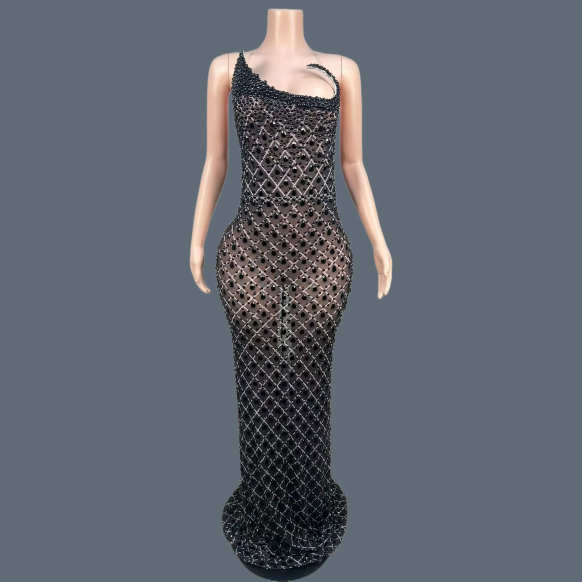 

Luxury Sparkly Rhinestone Homecoming Sexy Strapless Evening Gown Birthday Party Club Photo Shoot Wear Black Long Dresses Huoshan