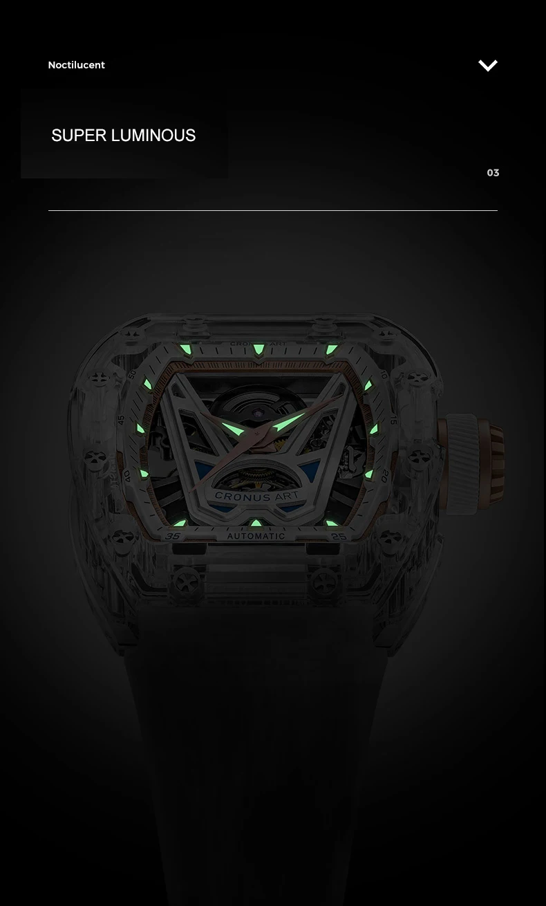 Cronusart relógio automático masculino 50mm luxo tonneau relógio de pulso mecânico caixa acrílica luminosa pulseira de borracha fluorada mostrador vitória