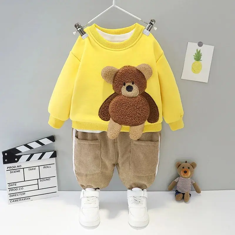 Korean children\'s spring sportswear set cute little bear pullover sportswear for girls wearing loose cotton sweatpants for boys