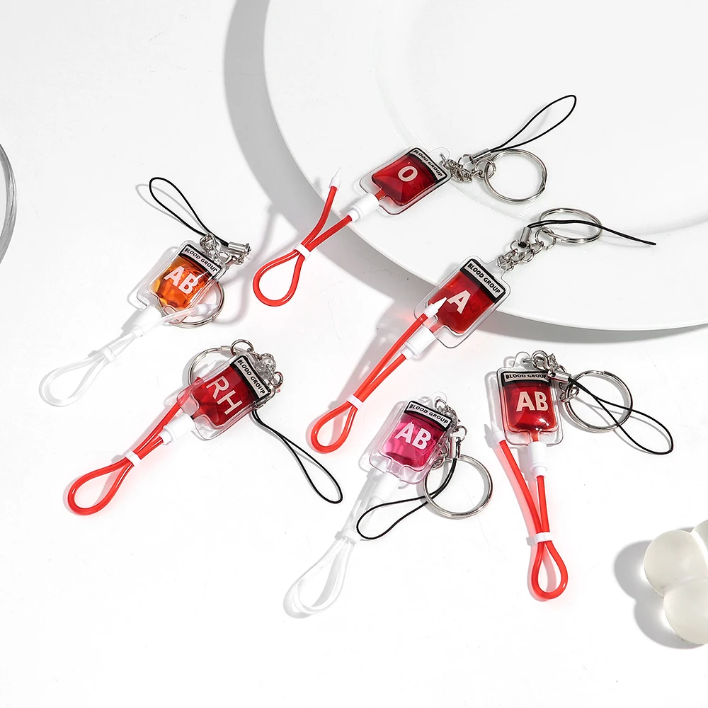 1Pcs Blood Type A B O AB Plasma Pack Blood Bag PVC Phone Pendant DIY Jewelry Making Charm Keychain Accessory Halloween Keyring