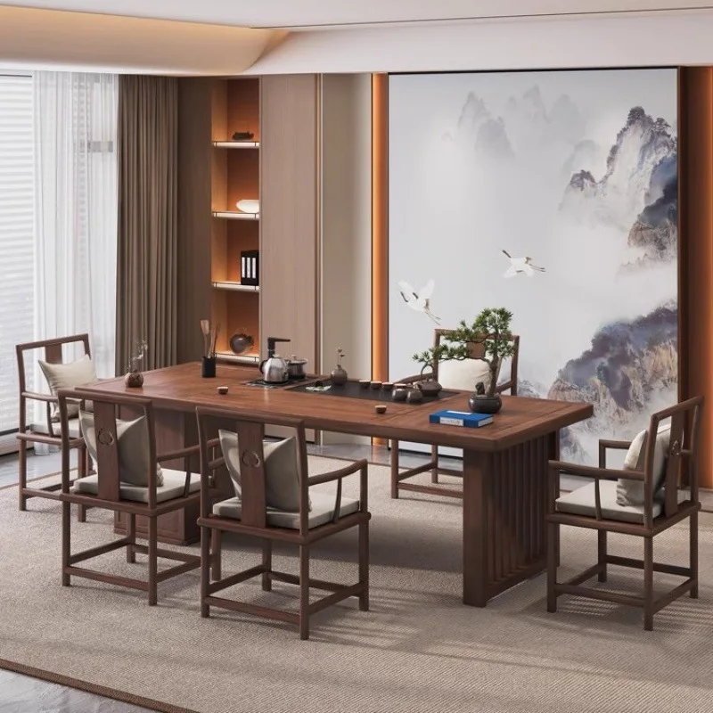 Log solid wood large board tea table and chair combination Kung Fu tea table modern complete set of tea table