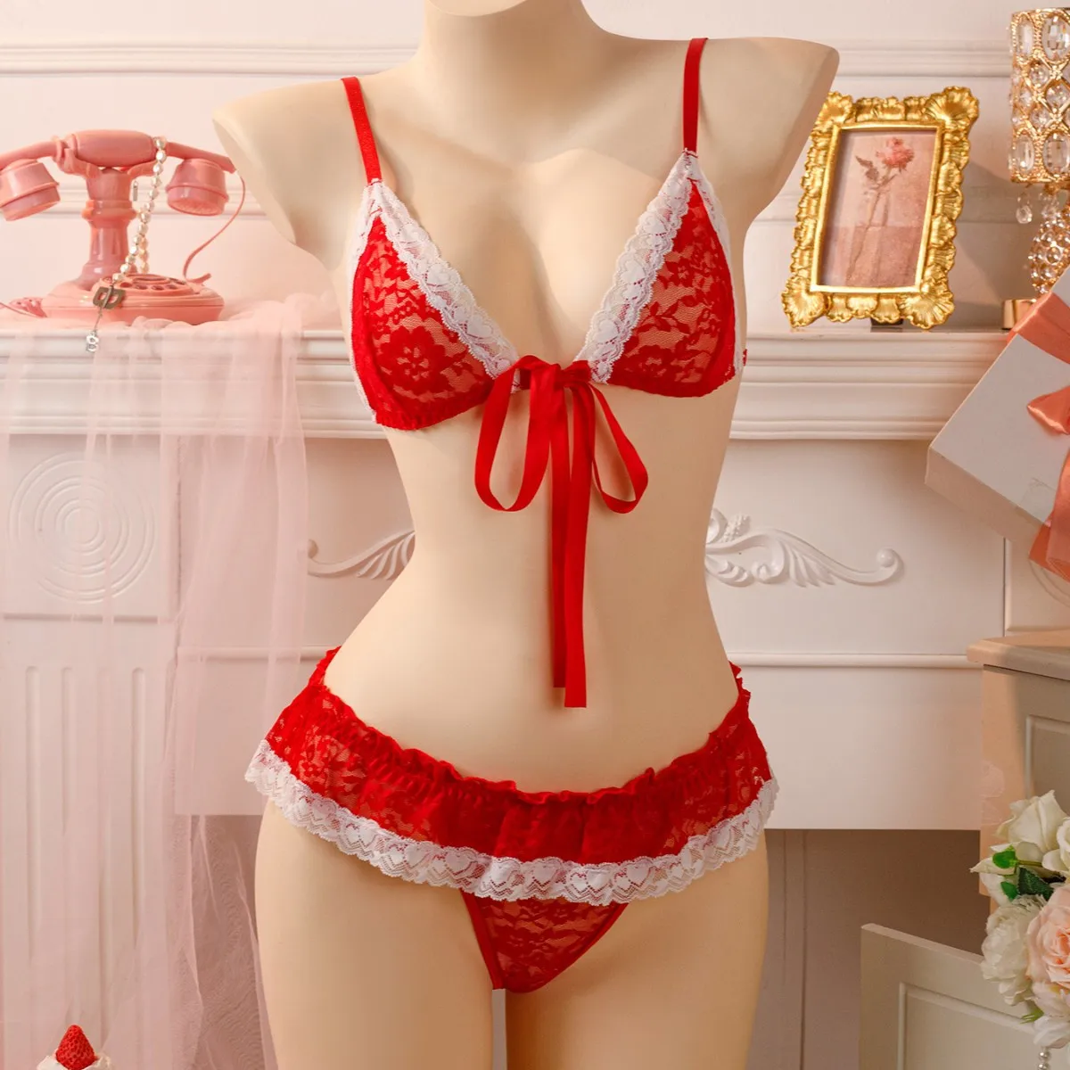 

2 Pieces Red Lingeries Nightwear Exotic Sets Women Lace Patchwork Bowknot Front Sleeveless Bra Ruffles Thong Sleepwear Suit