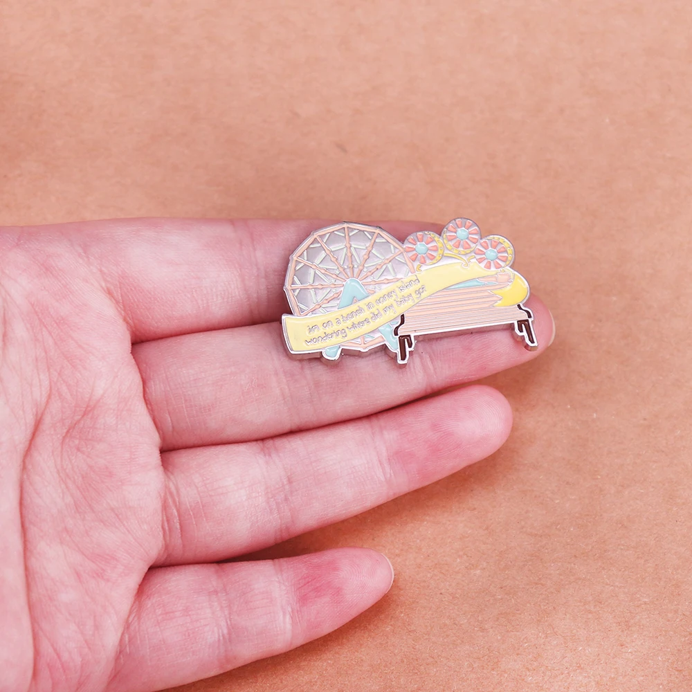 Im On A Bench In Coney Island Where Did My Baby Go Playground Ferris wheel Brooch Decorated Enamel Badge