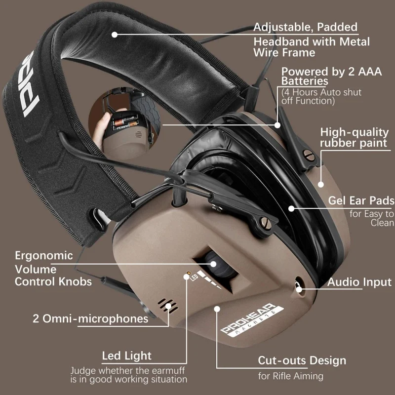 Prohear tiro fone de ouvido eletrônico com bandana gel almofadas 5x amplificação som earmuffs protetores auditivos para caça
