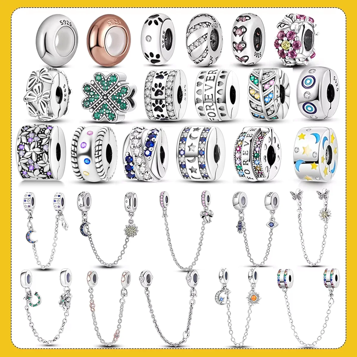 925 Silver Clasp Spacer CZ Pave Clip Beads Charms Silicone Spacer Stopper Charm Fit Original Bracelet Jewelry Clip