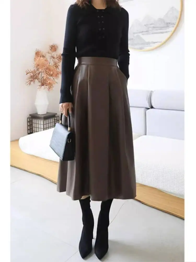 

Women PU Leather Skirt Autumn Winter Vintage High Waisted Elegant Soft A-line Leather Skirts