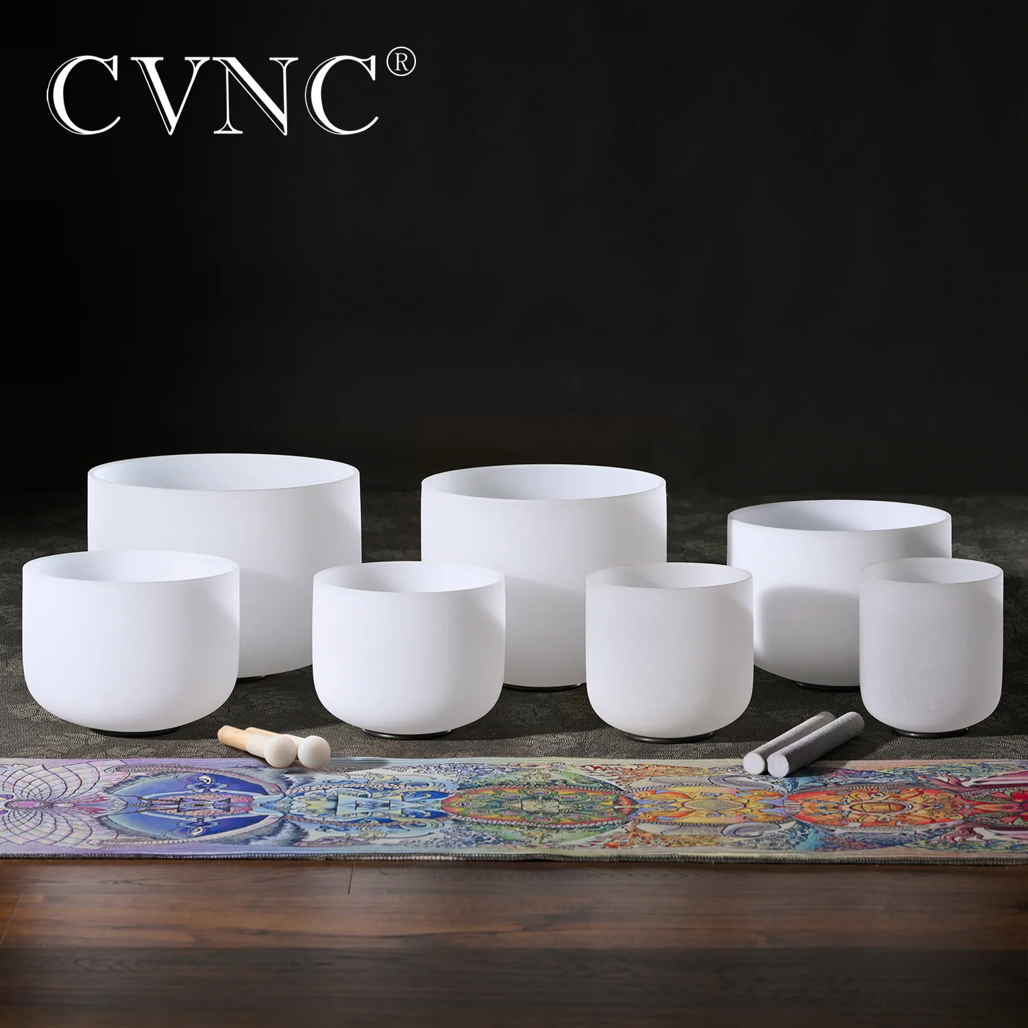 CVNC Perfect Pitch 6-12 Inch White Frosted Quartz Crystal Singing Bowl 7pcs Chakra Set for Sound Healing Yoga with Carry Bags
