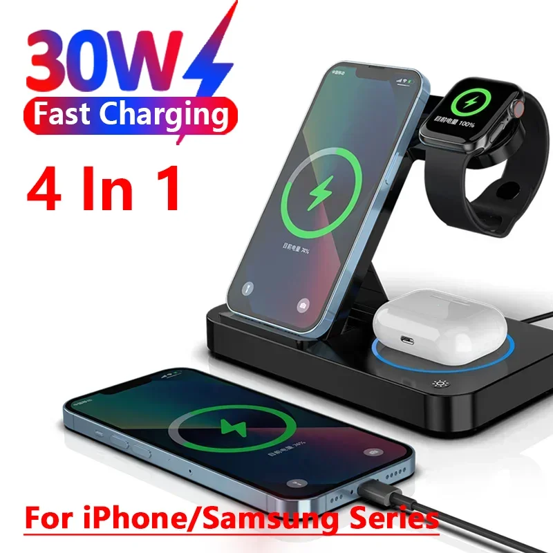 30W 4 in 1 Foldable Wireless Charging Station For iPhone 15 14 13 12 Pro Max Apple Watch 8/7/6 Samsung Galaxy 5/4/3 Fast Charger