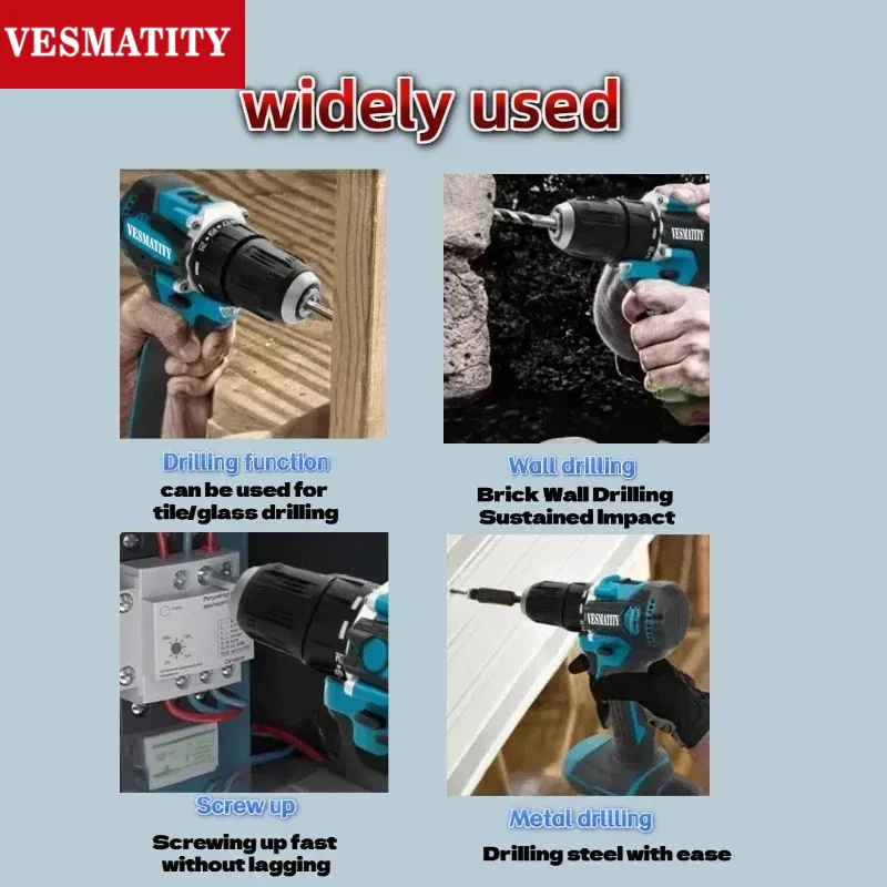 VESMATITY DDF487 Cordless Brushless Household Impact Drill Driver Compact High Torque Electric Screwdriver for 18V 20V Battery