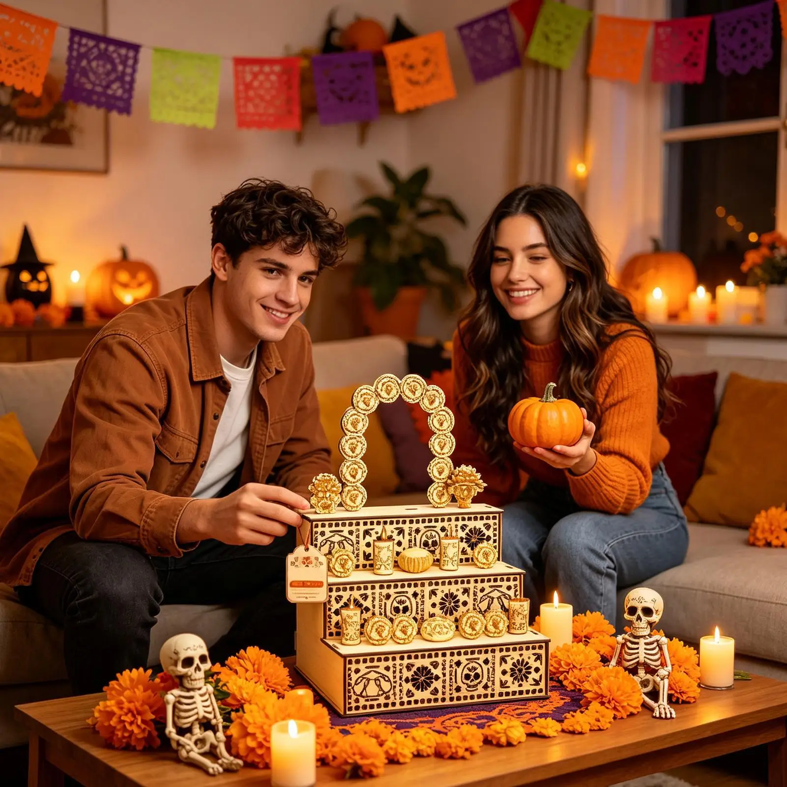 Einzigartige mexikanische hölzerne 3-stufige Altarbox, Ofrenda-Schattenbox zum Gedenken an den Tag der Toten für die Kirche und Wohnzimmerdekoration – Detail 10