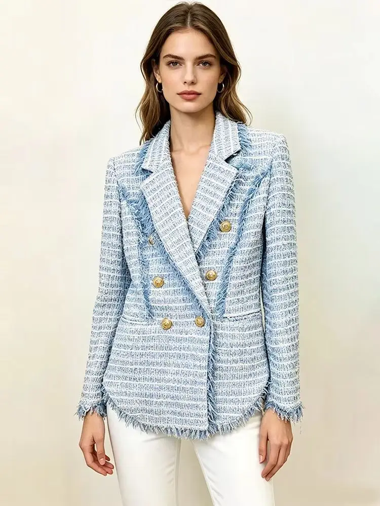 HIGH STREET Newest 2026 Winter Designer Woolen Coat Women's Slim Fitting Lion Buttons Tassel Fringed Thick Tweed Jacket Blazer