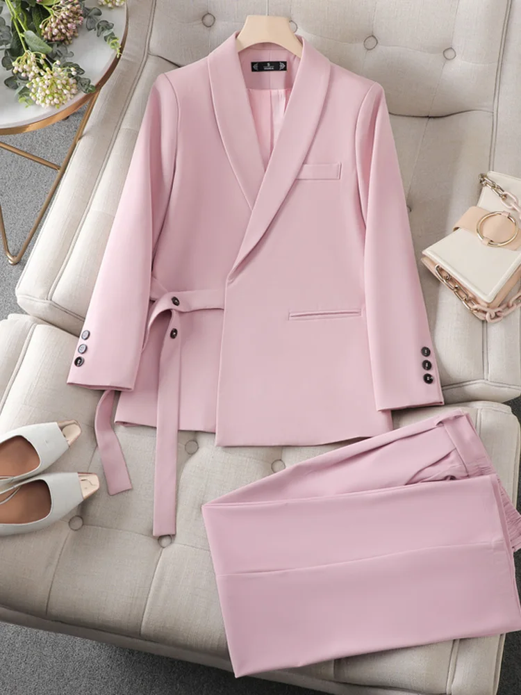 

S-4XL Slim Double Breasted Women Suits Office Set 2023 New Long Sleeve Turn Down Collar Chic Blazer Solid Casual Pant Suits