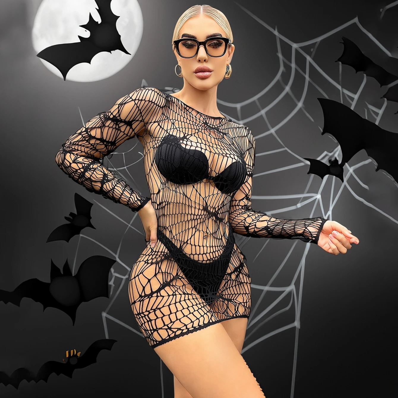 

Sexy underwear Halloween cosplay European style sexy ultra short wrap hip dress spider web female nightclub queen L288