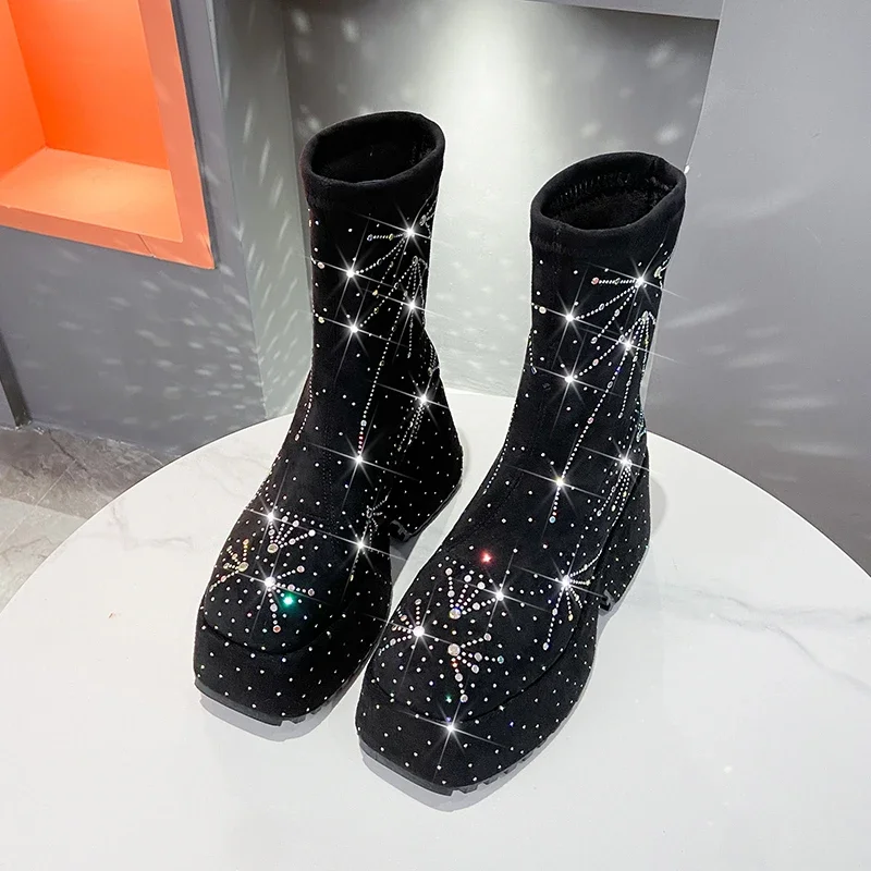 High-end Stretch Rhinestone Short Boots Women Autumn Winter Style Fashion Thick Soled Comfortable Boots Party Casual Shoes