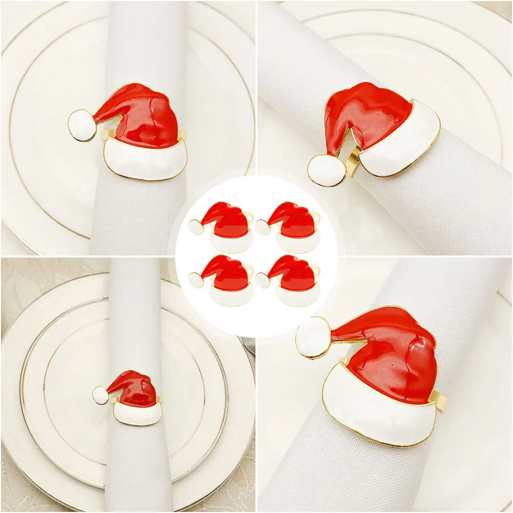 

4Pcs Elegant Christmas Napkin Holders Hat Shaped Buckles for Dinner Party Table Decoration Home Hotel Event Red