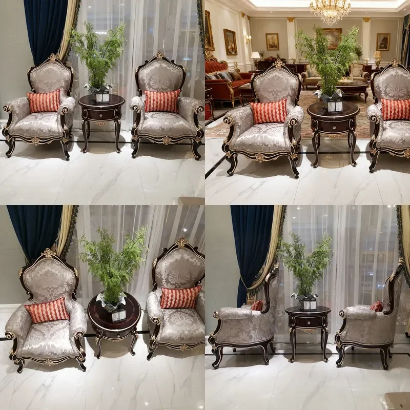 Neoclassical Solid Wood Carved Floral Armchair with Burgundy Finish and Matching Round Coffee Table Set for Living Room