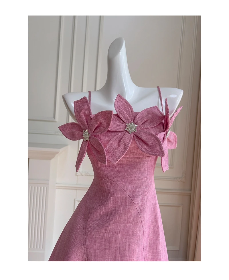 Lingzhi Wu-Rose Pink Dress for Ladies, Three-Dimensional Flower, Luxury, Birthday Party, Formal Dresses, Holiday, French Design