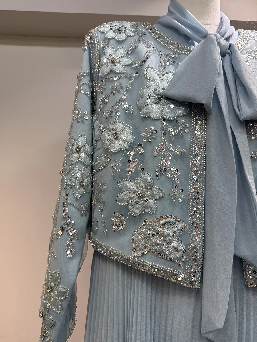 VGH หรูหรา 2 ชิ้นชุดผู้หญิง O คอสั้นเสื้อสเวตเตอร์ถัก Spliced เย็บปักถักร้อยผ้าพันคอ Maxi ชุด Office Lady ชุดหญิงใหม่