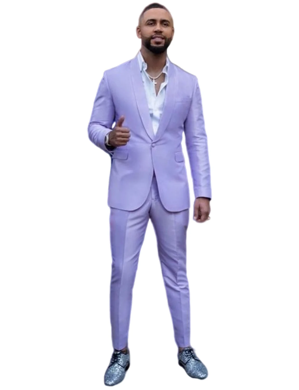 Men\'s Shawl Lapel Suit Two Pieces Light Purple Jacket Trousers Set for Party Prom Groom Casual Groom Tuxedos One Button Blazer