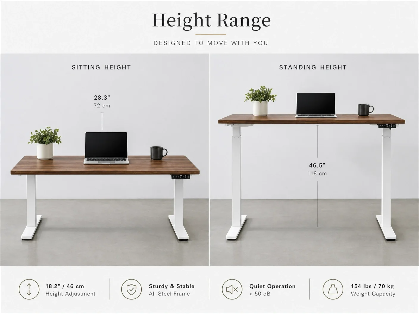 Quiet Operation Electric Height Adjustable Standing Desk Metal Frame Table For PC