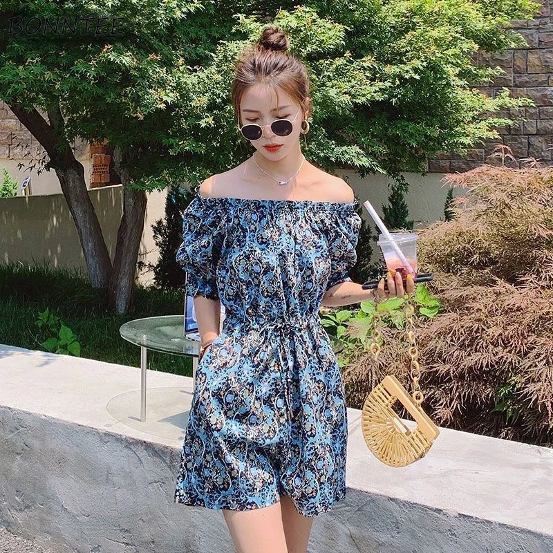 

Rompers Women Popular Retro Soft Puff Sleeves Summer Cozy Female Street Tunic High Waist Wide Leg Loose Chiffon Print Holiday